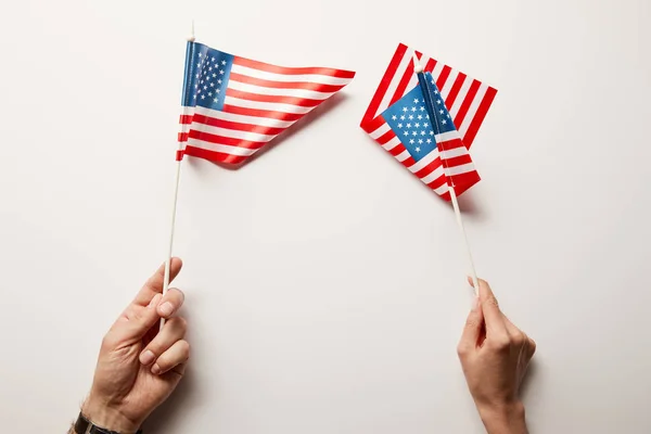 Cropped View Woman Man Holding American Flags White Background — Stock Photo, Image