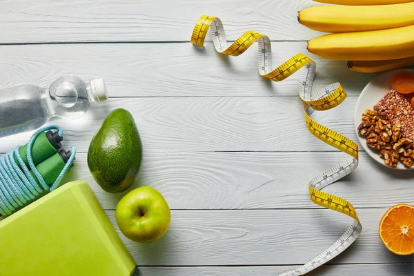 Top View Diet Food Measuring Tape Sport Equipment Wooden White — Stock Photo, Image