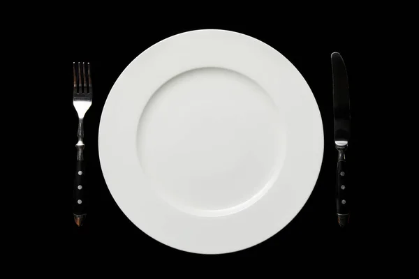 Top View White Empty Plate Knife Fork Isolated Black — Stock Photo, Image