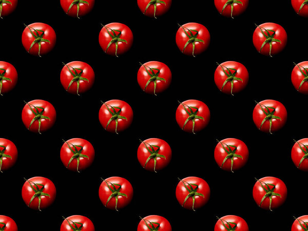 top view of red whole tomatoes isolated on black, seamless pattern