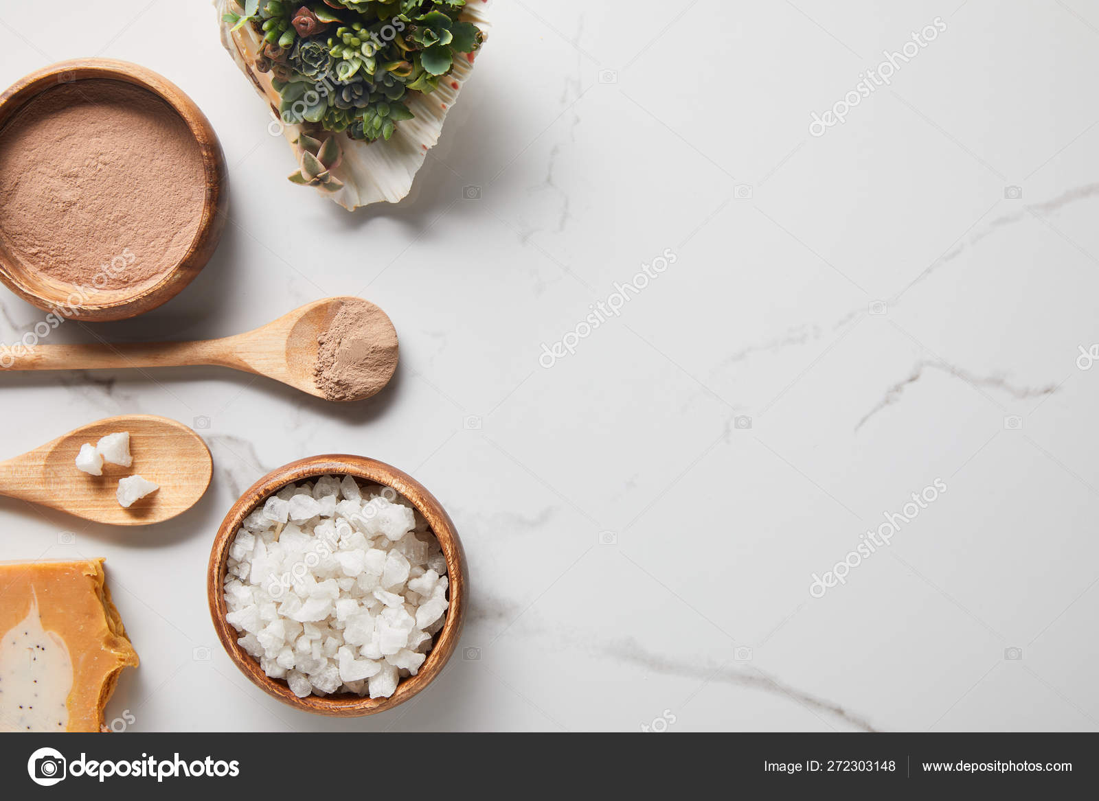 Top View Clay Powder Sea Salt Wooden Bowls Spoons Marble Stock Photo by