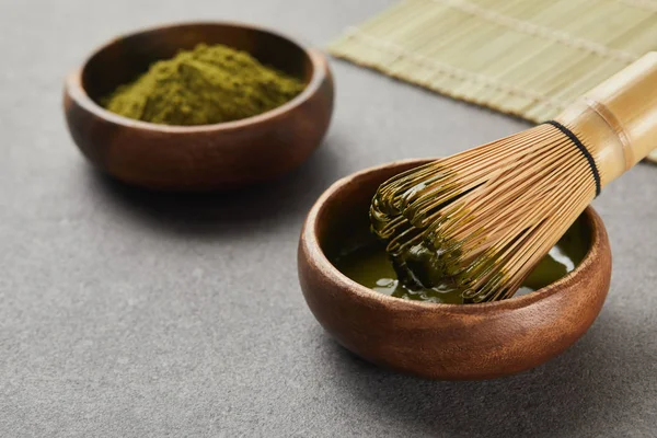 Selective Focus Matcha Powder Bowl Bamboo Whisk Green Tea — Stock Photo, Image