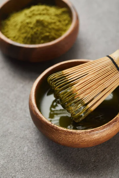 Selective Focus Green Matcha Powder Bamboo Whisk Wooden Bowl Tea — Stock Photo, Image