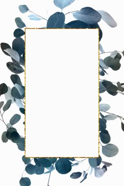 Floral design with green eucalyptus and golden frame clipart