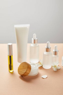 doğal yağ ile maskara şişesi, el kremi ile krem tüp, serum ile kozmetik cam şişeler, gri izole bej üzerinde yüz kremi ve yasemin çiçek ile küçük açık kavanoz