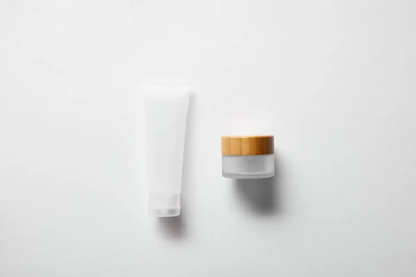 Top View Jar Wooden Cap Cream Tube White — Stock Photo, Image