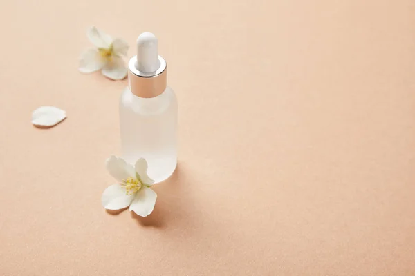 Cosmetic Glass Bottle Serum Few Jasmine Flowers Beige — Stock Photo, Image