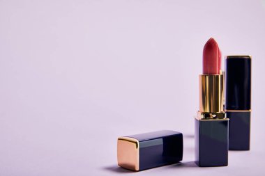 menekşe üzerinde makyaj için tüpler çeşitli parlak rujlar 