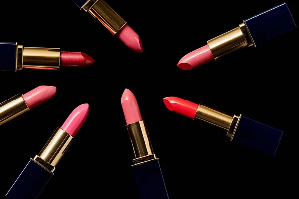 Top View Various Shades Lipsticks Isolated Black — Stock Photo, Image