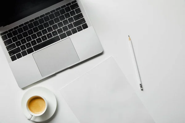 Top View Laptop Coffee Paper Pencil White Surface — Stock Photo, Image