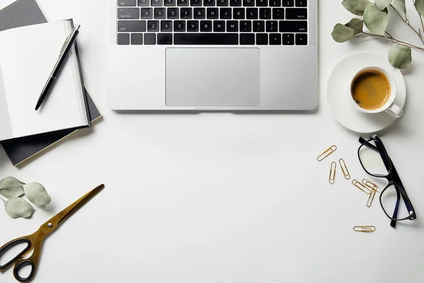 Top View Plants Stationery Scissors Laptop Coffee Glasses Notebooks Pen — Stock Photo, Image