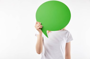 Картина, постер, плакат, фотообои "обрезанный вид женщины с зеленым мыслепузырем в руках изолированы на белом
", артикул 274954198