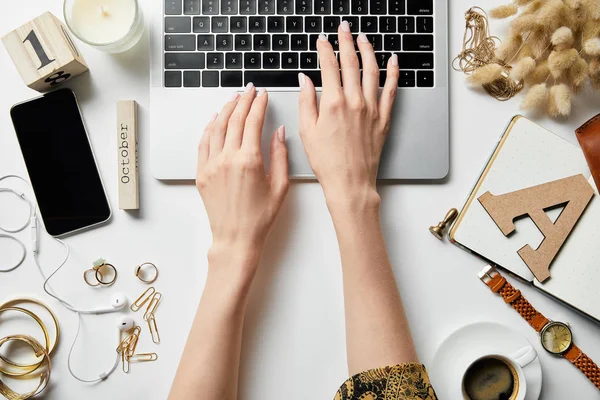 Cropped View Woman Working Laptop White Surface Stationery Plants Jewelry — Stock Photo, Image