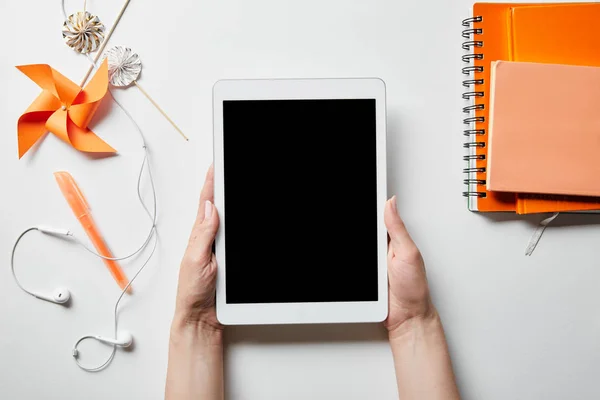 Cropped View Woman Holding Digital Tablet Orange Notebooks Decoration Objects — Stock Photo, Image