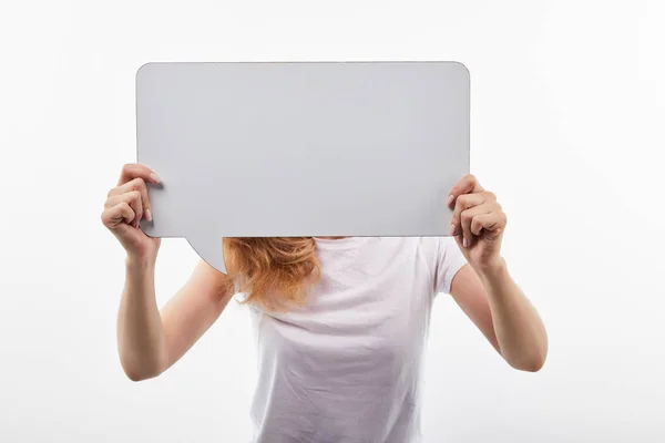 Mulher Com Bolha Fala Mãos Isolado Branco — Fotografia de Stock