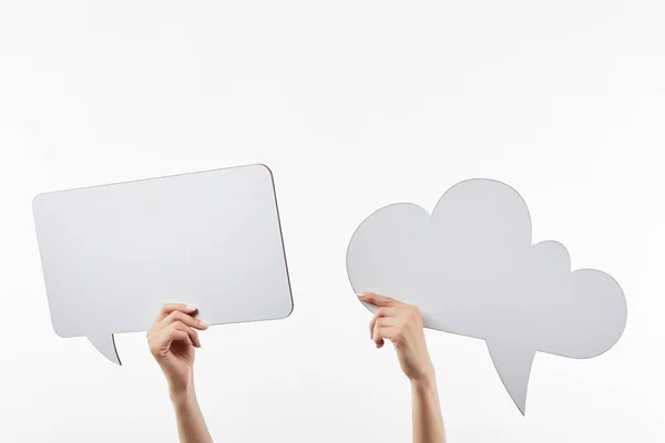 Cropped View Woman Thought Speech Bubbles Hands Isolated White — Stock Photo, Image