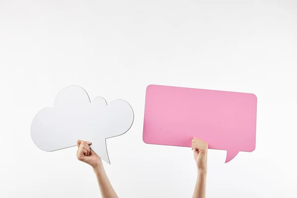 Cropped View Woman Pink Thought Speech Bubbles Hands Isolated White — Stock Photo, Image