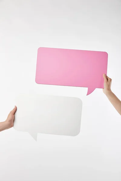 Cropped View Two Women Speech Bubbles Hands Isolated White — Stock Photo, Image