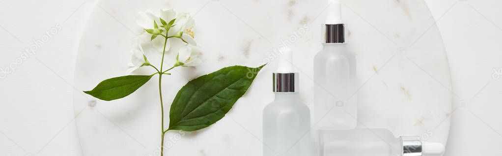 panoramic shot of plate with jasmine and cosmetic glass bottles on white surface