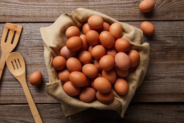 Top View Chicken Eggs Cloth Wooden Table Cooking Utensils — Stock Photo, Image