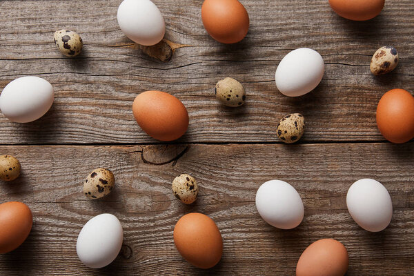  top view of quail and chicken eggs on wooden table