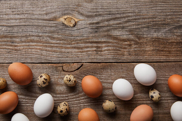  top view of quail and chicken eggs on wooden table