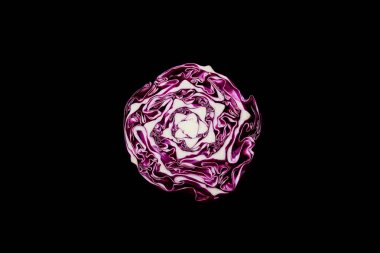 top view of fresh organic red cabbage isolated on black clipart
