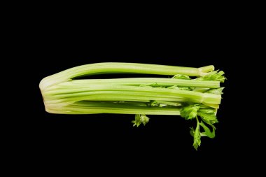 top view of fresh organic green leek isolated on black clipart