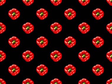 red organic whole bell peppers isolated on black, seamless background pattern clipart