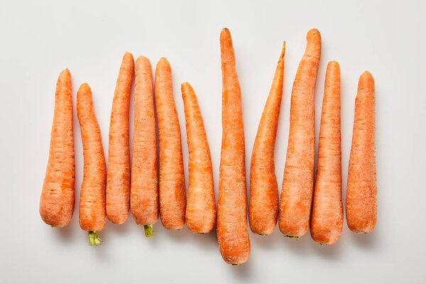 top view of fresh carrots in row on white background