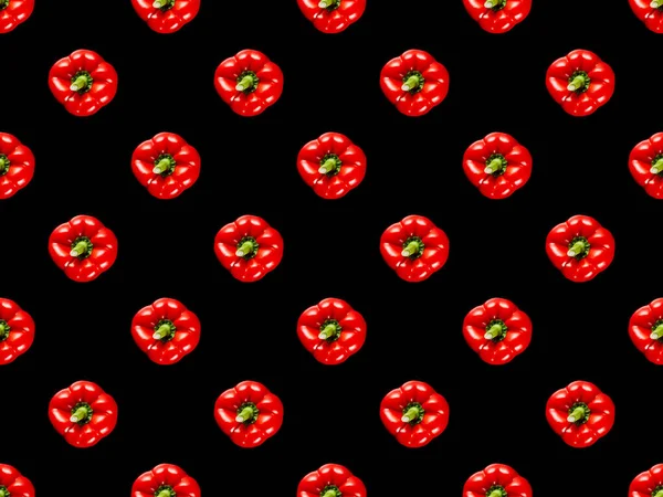 红色有机全甜椒隔离在黑色 无缝的背景图案 — 图库照片