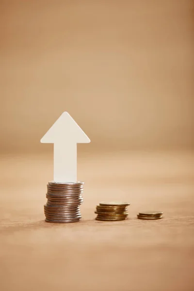 Increasing Chart Made Coins White Arrow Upwards Financial Growth Concept — Stock Photo, Image