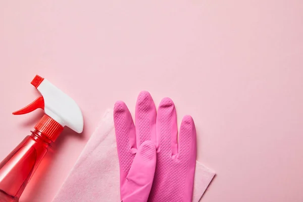 Top View Pink Rag Rubber Glove Bottle Spray Pink Background — Stock Photo, Image