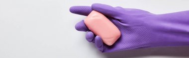 pembe sabun tutan mor kauçuk eldiven adam panoramik çekim 