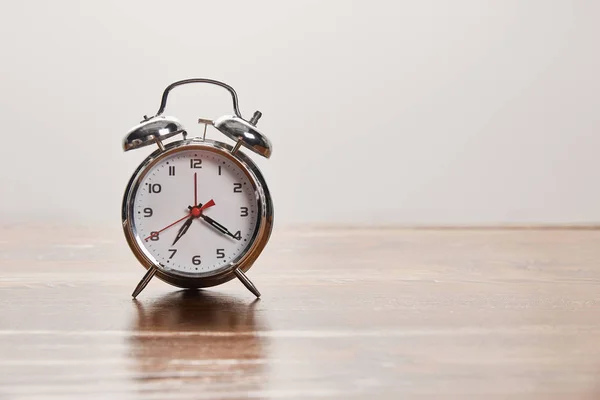 Silver Alarm Clock Wooden Brown Table Isolated Grey — Stock Photo, Image