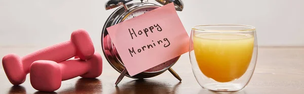 Silver Alarm Clock Happy Morning Lettering Pink Sticky Note Pink — Stock Photo, Image