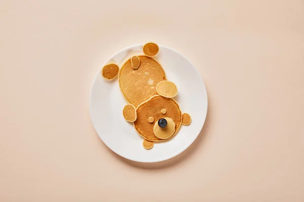 Top View Pancakes Plate One Blueberry Pink Bear Concept — Stock Photo, Image