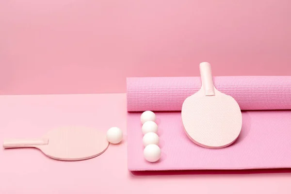 White Ping Pong Balls Pink Rackets Fitness Mat Pink Background — Stock Photo, Image