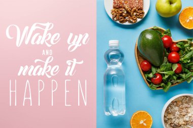 top view of fresh fruits, crispbread and breakfast cereal on blue and pink background with wake up and make it happen lettering clipart