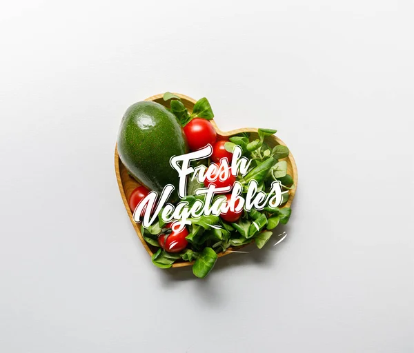 Top View Fresh Green Vegetables Heart Shaped Bowl White Background — Stock Photo, Image
