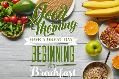 top view of fresh fruits, vegetables and cereal on wooden white background with good morning, have a great day beginning with breakfast lettering clipart