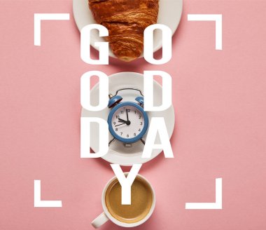 flat lay with coffee cup, toy alarm clock and croissant on plate on pink background with good day illustration clipart