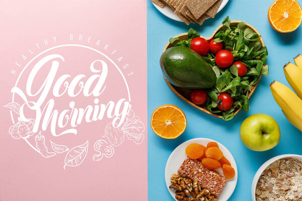 top view of diet food on blue and pink background with good morning lettering