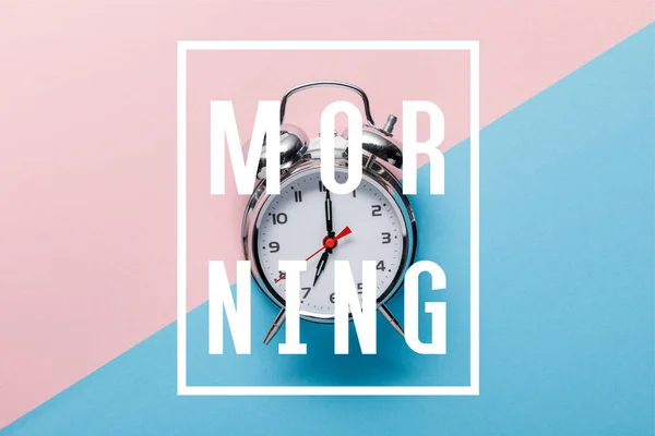 Top View Classic Silver Alarm Clock Pink Blue Background Morning — Stock Photo, Image