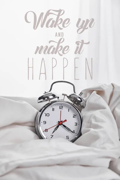 Silver Alarm Clock Blanket White Bed Wake Make Happen Illustration — Stock Photo, Image