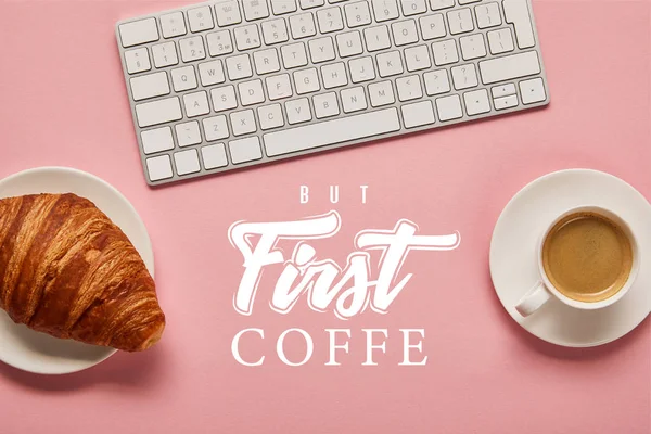 Top View Computer Keyboard Coffee Croissant Pink Background First Coffee — Stock Photo, Image