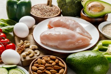 raw chicken breasts on white plate near nuts, eggs and green vegetables, ketogenic diet menu clipart