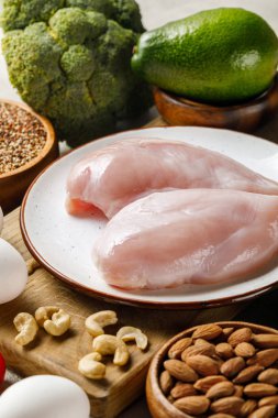 fresh raw chicken breasts on white plate near nuts, green vegetables and eggs, ketogenic diet menu clipart