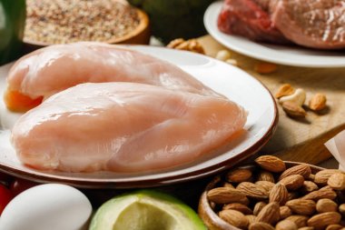 fındık, yumurta ve avokado, ketojenik diyet menüsü yakınında beyaz plaka taze çiğ tavuk göğüsler