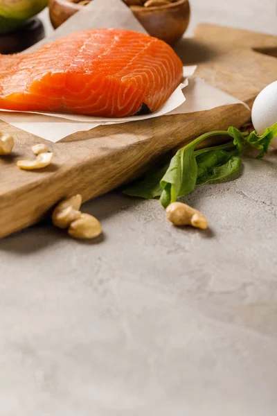 Fresh Raw Salmon Wooden Chopping Board Ketogenic Diet Menu — Stock Photo, Image